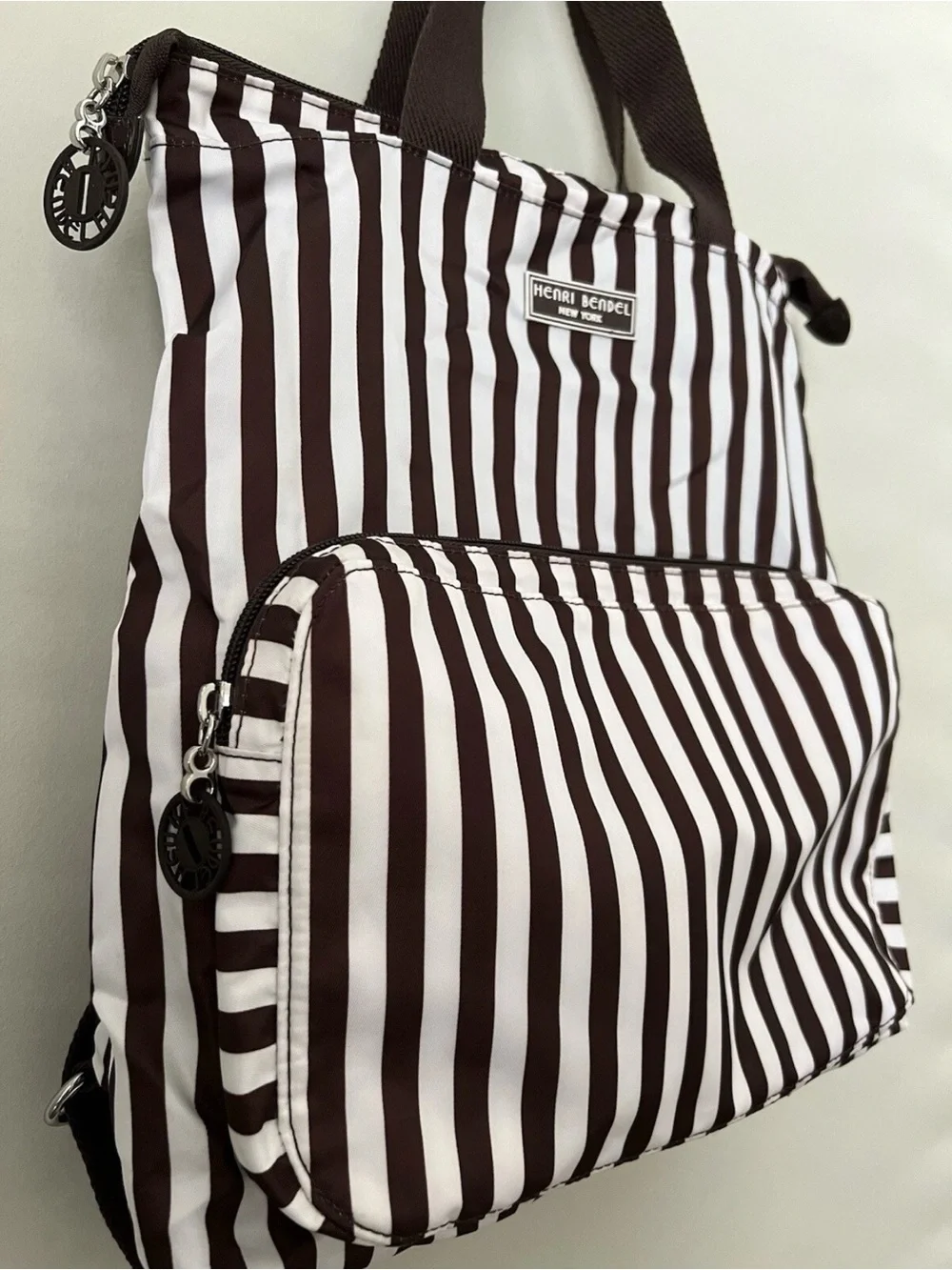 Henri Bendel Brown and White Striped packable backpack, lightweight, zip around